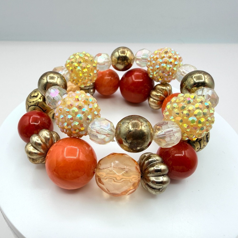 Vintage Gold Tone Chunky Coil Wrap Bracelet Beaded Orange AB Y2K